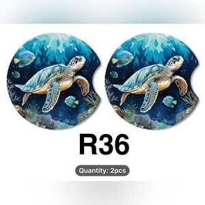 R36 - Turtle with Fish & Coral Car Cup Holder Coasters, Set of 2